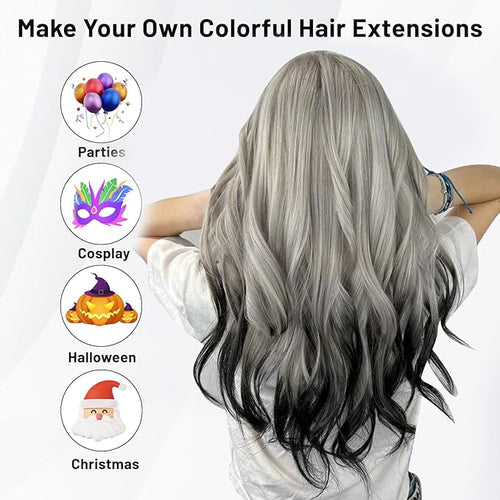 16 Pcs Colored Hair Extensions Curly Wavy Clip in Synthetic Hair Extensions,Colorful Party Highlights Hairpiece Streak for Girls Women Kids Christmas New Year Cosplay Favors Gift(Black)