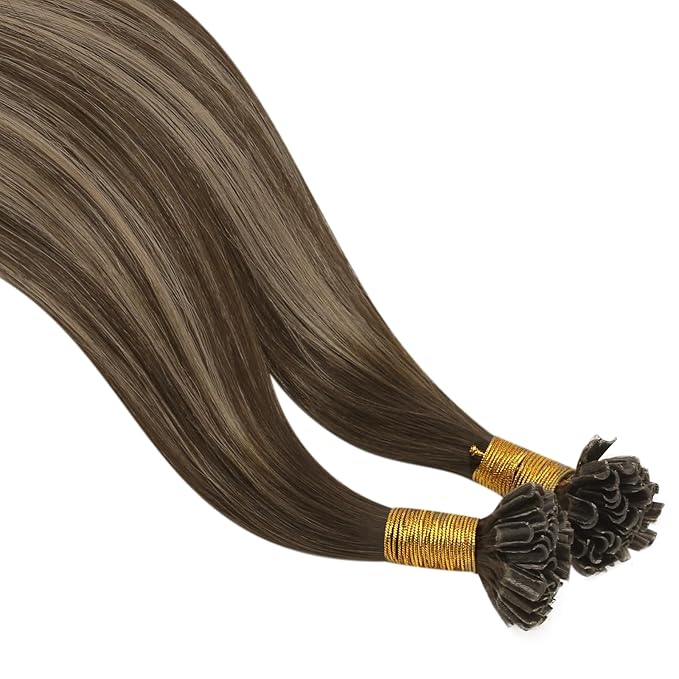 YoungSee U Tip Hair Extensions Human Hair Brown with Blonde Highlight Utip Hair Extensions Human Hair Brown Ktip Human Hair Extension Highlight Hair Extension U Tip for Women 14In 1G/S 50G