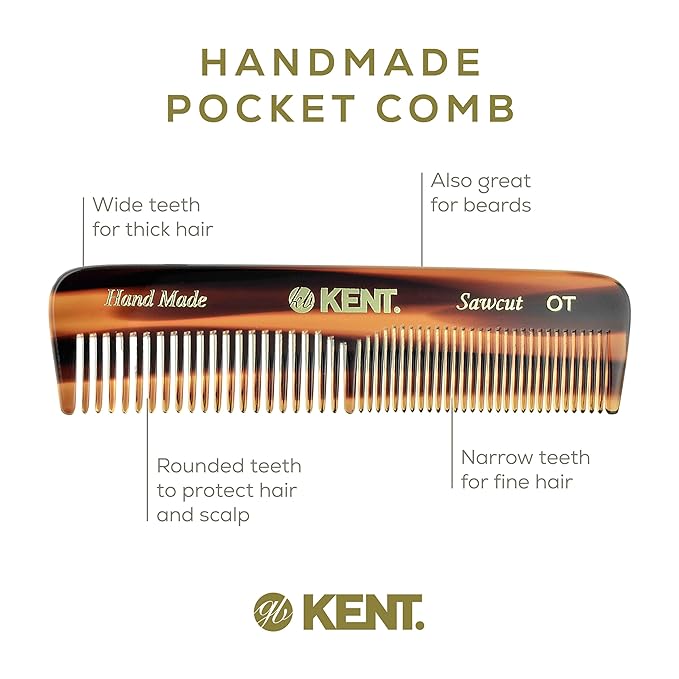 Kent OT Tortoise Pocket Comb - Handmade Fine and Wide Tooth Hair Comb for Men, Women, and Kids - Travel, Beard, and Mustache Comb - Saw Cut and Hand Polished Made in England