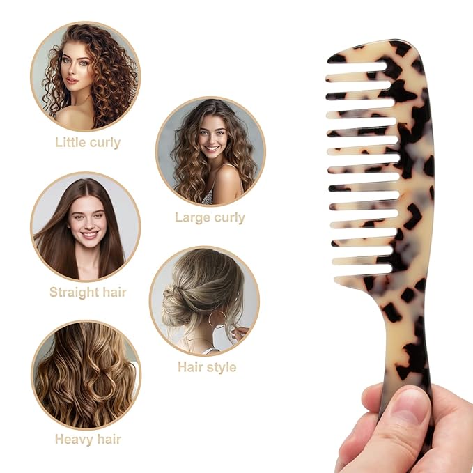 Large Wide Tooth Hair Comb, LADYAMZ [Tortoise Shell] Cellulose Acetate Round Tooth Comb for Straight/Curly Hair,Short/Long Hair Women Men or Kids, Easy Detangling Wet or Dry, Anti-static (Ivory)