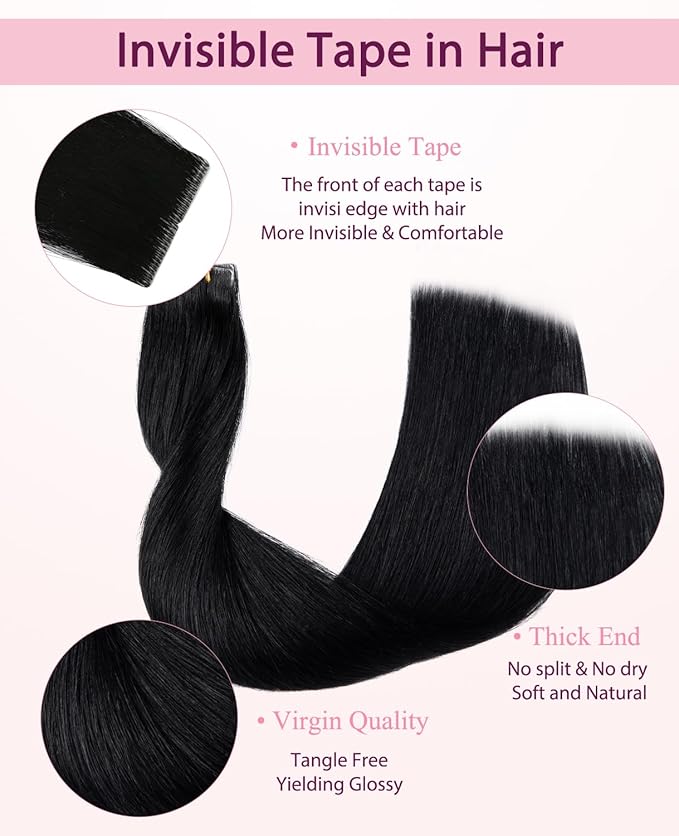 Pinkpearl Invisible Tape in Hair Extensions Human Hair, 20pcs 14inch 40g #1 Jet Black Injection Tape in Extensions Real Remy Straight Seamless Silky Human Hair Injected