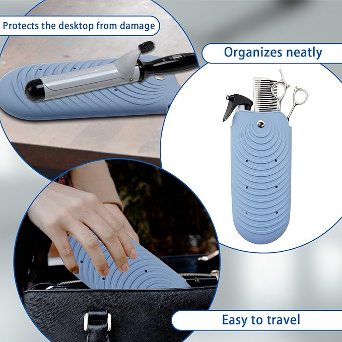 Heat Resistant Silicone Mat Pouch for Hair Styling Tools, Curling and Flat Irons Non-Slip Travel Cover, Small Portable Straightener Pad for Curler Wands Storage, Hot Waver (Blue)