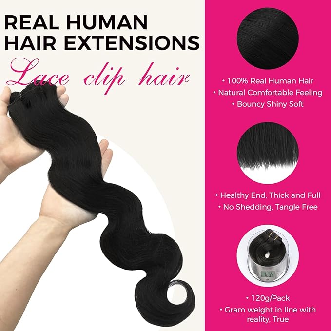 Lashey Body Wave Clip in Hair Extensions for Black Women, 18 Inch 7pcs 120g #1B Natural Black, Clip in Hair Extensions Real Human Hair Lace Clip Ins Thick Human Hair