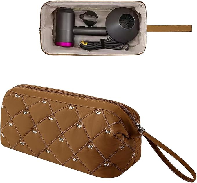 Large Quilted Hair Tools Travel Bag with Bow Pattern,Waterproof Hair Styling Accessories Storage Case for Shark FlexStyle, Dyson Airwrap Hair Dryer, Curling Iron, Revlon Hair Tools(Brown)