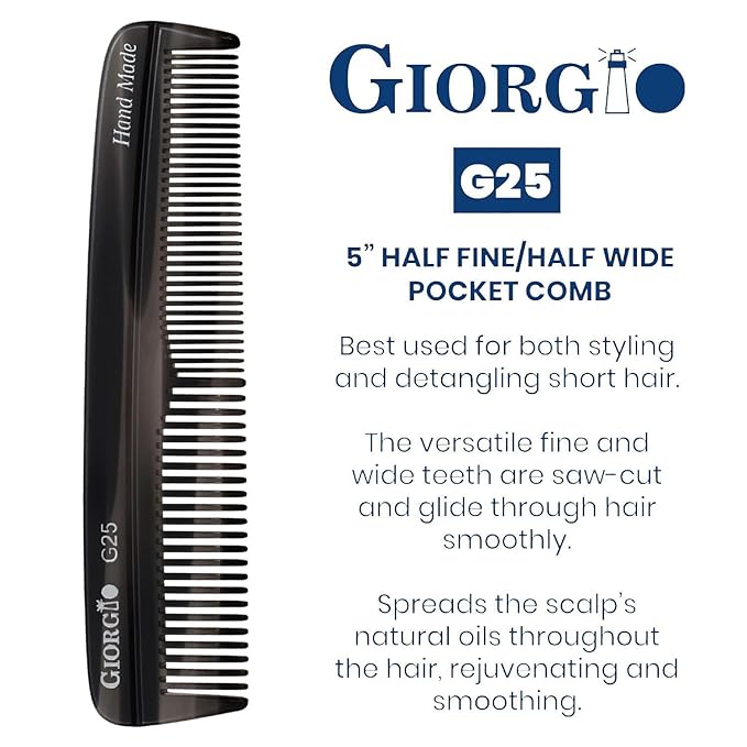 Giorgio G25 FineTooth and WideTooth Pocket Comb - Hair Styling Comb for Men and Women, Handmade Beard Combs for Men, Barber Combs, for Grooming,Saw Cut and Polished (Black Graphite)
