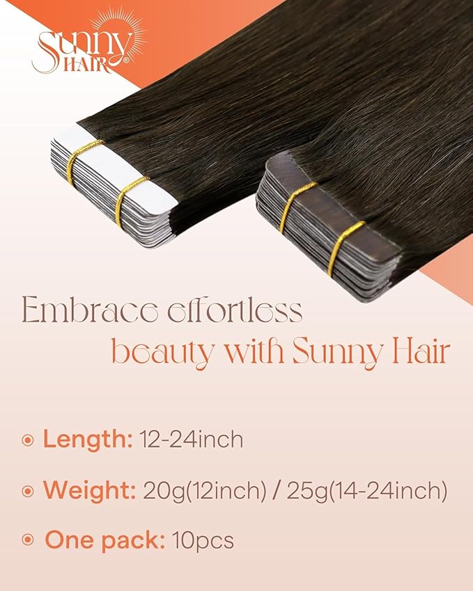 Sunny Hair Tape in Hair Extensions Real Human Hair Invisible Remy Hair Extensions Tape ins for Women Dark Brown 16 inch 25G