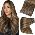 Full Shine Seamless Clip in Hair Extensions 12 Inch Dark Brown with Honey Blonde Highlights Real Human Hair Extensions for Short Hair 8PCS 95G