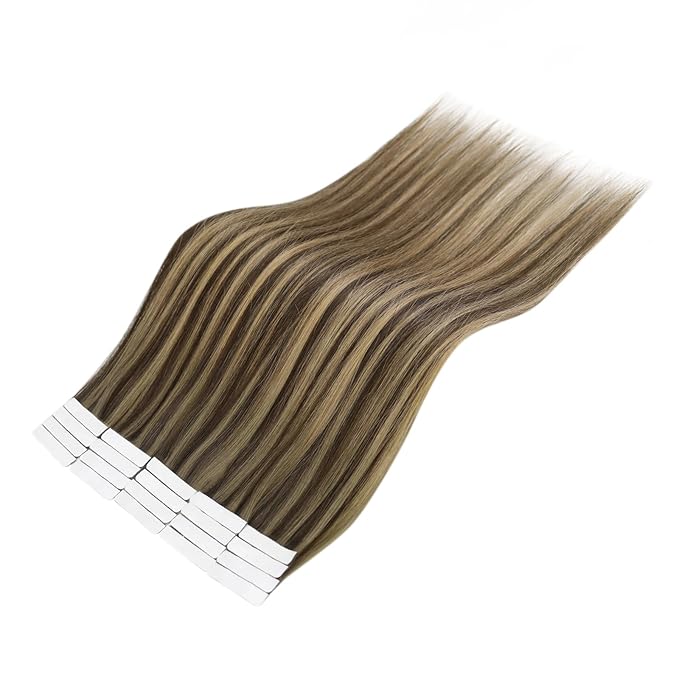 Full Shine Injection Virgin Tape in Hair Extensions Color BM Tape ins Human Hair Extensions Invisible Real Human Hair 20Inch Double Sided Brazilian Natural Straight Hair for Women 12.5G 5Pcs