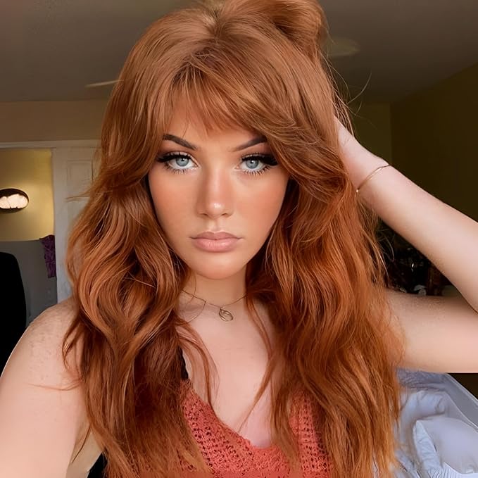 Orange Wig with Bangs,Ginger Wavy Wigs for Women,Copper Shoulder Length Curly Synthetic Hair Wig for Party Daily Use 18In…