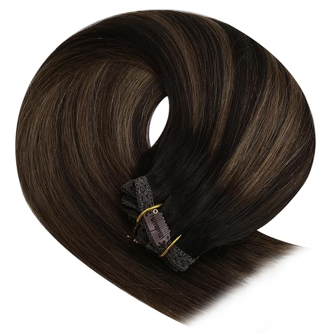 YoungSee Balayage Clip in Hair Extensions Dark Brown Real Hair Extensions Clip in Human Hair Dark Roots to Medium Brown Balayage Human Hair Extension Clip ins for Thin Hair 20In 120G