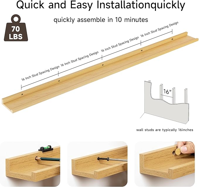 Floating Picture Ledge Shelves for Wall Set of 2, 84 Inches Picture Ledge Shelf with Long Large Nursery Book Shelf for Toys Storage Kids Bookshelf Wall Mounted Living Room Bedroom Decor Frames, Oak