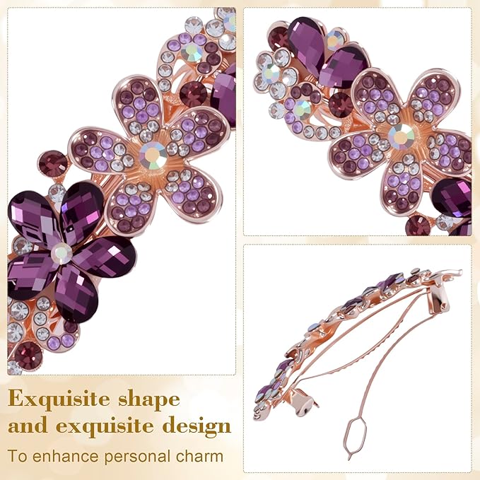 Joez Wonderful Rhinestone Hair Clip Sparkly Crystal Barrettes French Wedding Prom Engagement Pageant First Communion Hair Decorative Accessories for Women Bride Thick Long Hair (Flower Purple, 1 Pcs)