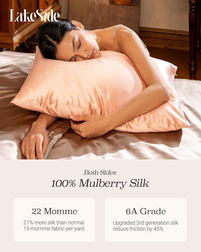 Oriental Lakeside® 100% Pure 22 Momme Mulberry Silk Pillowcase with Hidden Zipper - Nighttime Skincare & Hair Care Hydrating Pillow Cover