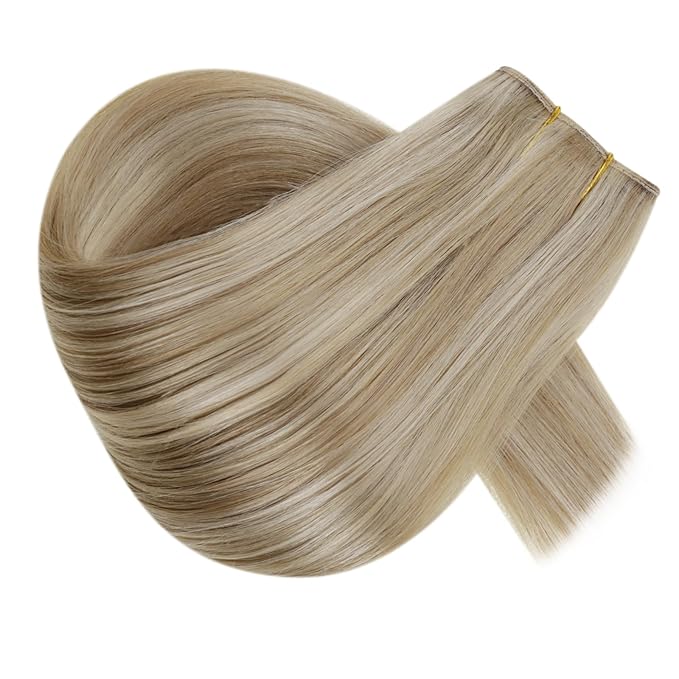 RUNATURE Invisible Wire Hair Extensions Real Human Hair with Transparent Wire, Fish Line Hair Extensions, Remy Soft Natural Hairpieces, Easy to Apply, 18 Inch 80g #16P22 Dark Ash Blonde Highlights