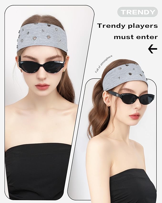 Grommet Headband for Women, Little Star Grey 23cm Hollow Out Elastic Hair Band, Eyelets Punk Grunge Stylish Hairband
