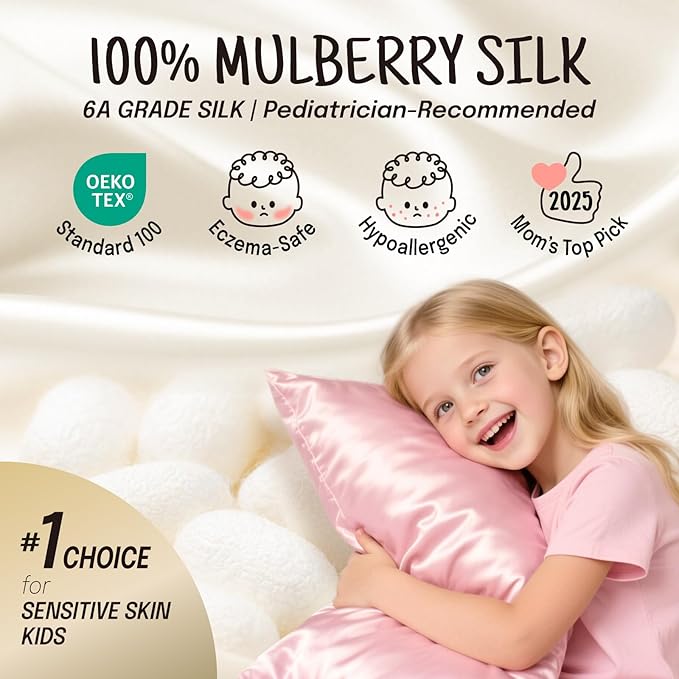 OLESILK 100% Mulberry Silk Toddler Pillowcase for Hair and Skin, Both Sides 19 Momme Pure Natural Silk Travel Pillow Cases with Hidden Zipper, 13"x 18", Pink