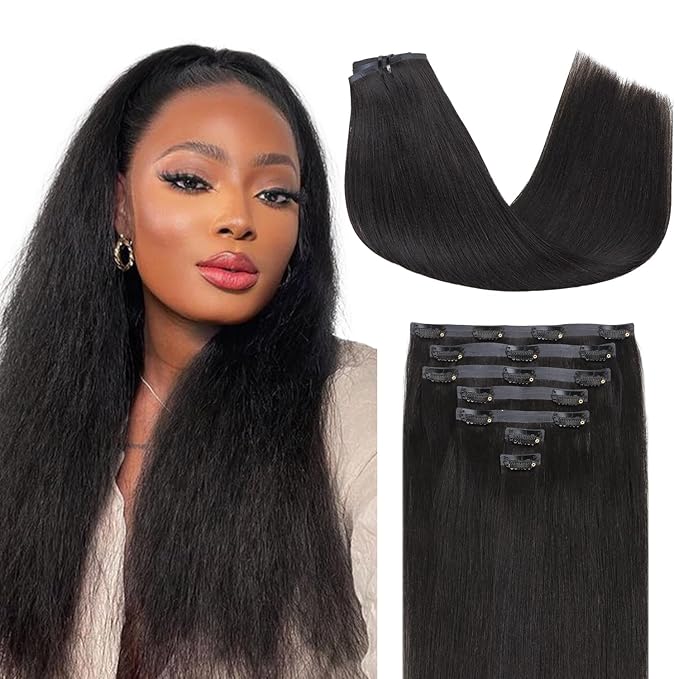 Lashey Seamless Hair Extensions Real Human Hair 110g 7pcs Light Yaki Straight Clip in Hair Extensions Natural Black 24 Inch Seamless Long Clip ins for Women