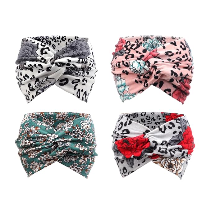 DRESHOW 4 Pack Turban Headbands for Women Wide Vintage Head Wraps Knotted Cute Hair Band Accessories