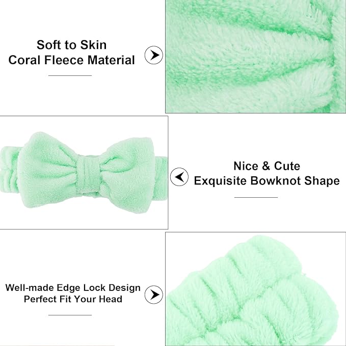 Casoty 6 Pcs Green Spa Headbands, Skin Care Headband, Soft Coral Fleece headbands for makeup, Bow Hair Band for Face Washing Shower Skin Care Yoga