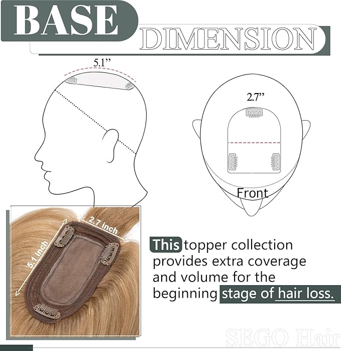 SEGO Hair Toppers for Women Real Human Hair with Thinning, with Front Bangs Clip in Toppers Straight 150% Density Silk Base -18 Inch #27 Dark Blonde