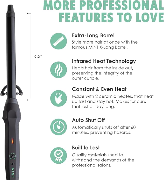 MINT Professional Clamp-Free Curling Wand 3/4 Inch for Long Hair | Extra Long Curl Wand 4-Heater Ionic Ceramic Tourmaline Barrel | Best Curling Wands | Adjustable 230-430°F | Worldwide Dual Voltage