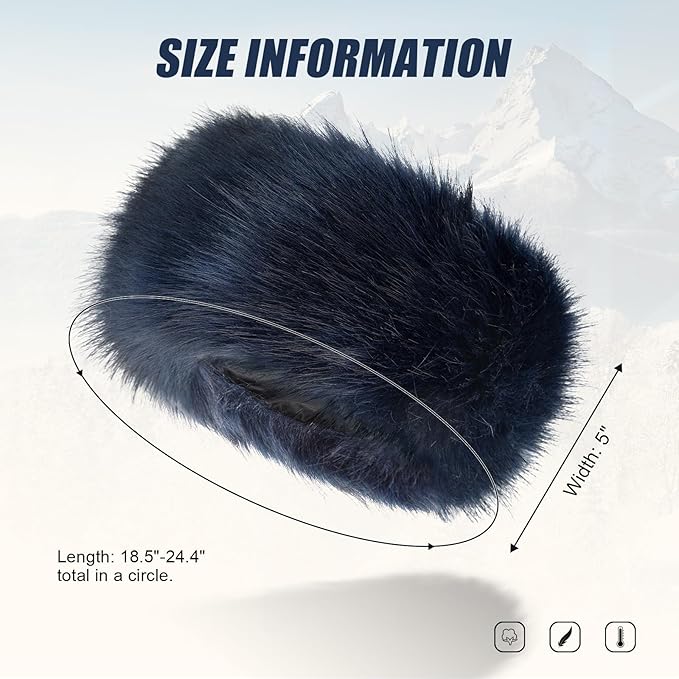 Faux Fur Headband for Women Elastic Fuzzy Thick Earmuffs Winter Headwrap Ear Muffs Furry Ear Warmers Cold Weather (Navy Blue)