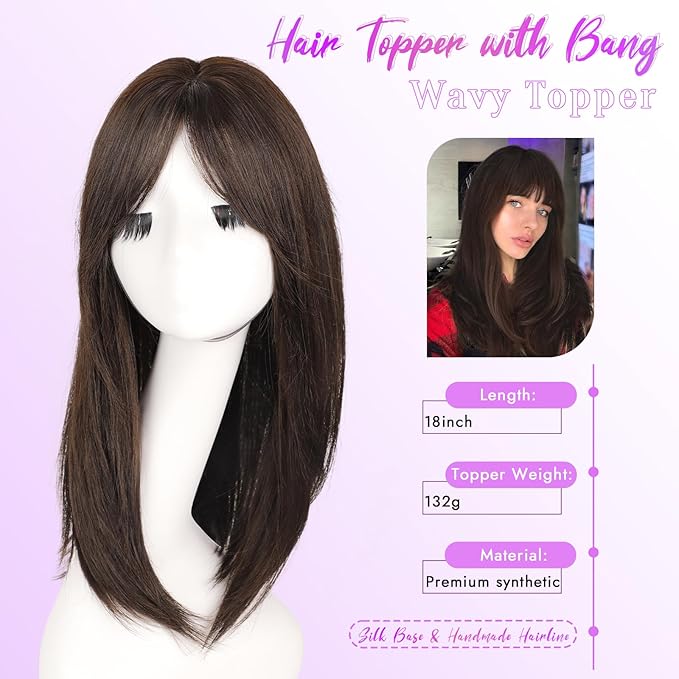 Hair Topper for Women Clip in Bangs – 18 Inch Medium Length Straight 360° Full Coverage Balayage Dark Brown to Chestnut,Synthetic Natural Looking Piece for Thinning Hair