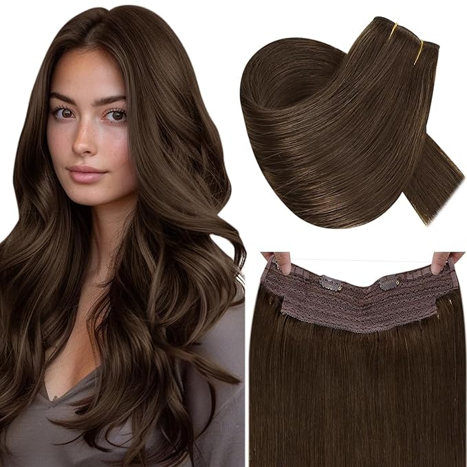 RUNATURE Invisible Wire Hair Extensions 20 Inch Brown Wire Hair Extensions Real Human Hair 100g One Piece Remy Straight Soft Hair for Women Easy to Apply #4