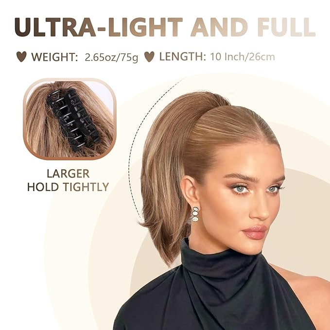 10 Inch Short Ponytail Extension - Soft Straight Pony Tails Hair Extensions, Claw Clip Ponytail Extension, Natural Short Synthetic Hair Pieces for Women (Color: Light Ash Brown Mixed White)
