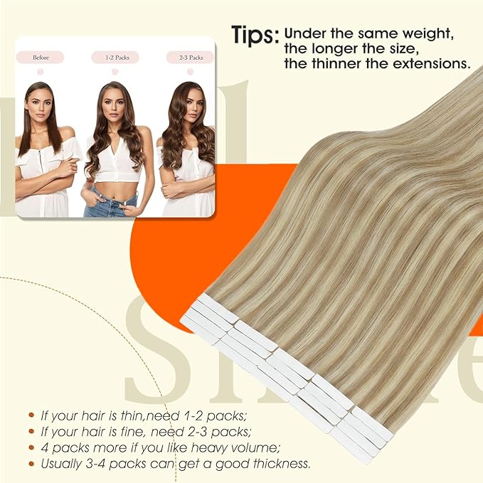 Full Shine Injected Tape in Human Hair Extensions Color 16 Highlight 22 Blonde 20Inch Intact Tape Extensions Human Hair 50G 20Pcs for Daily Office Look Long Lasting Adhesive Seamless Skin Weft