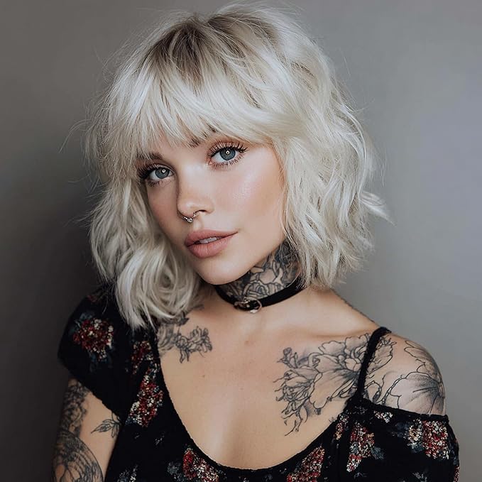 Short Ombre Blonde Bob Wigs for Women Wavy Blonde Wig with Bangs Ash Blond Wig Synthetic Hair Water Wave Medium Length Colorful Wigs（14 Inches）