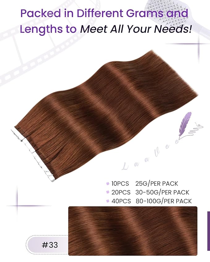 LaaVoo Hair Extensions Tape in Auburn Brown Tape in Hair Extensions Human Hair Seamless Tape on Extension Soft Hair 20inch 40pcs 100g