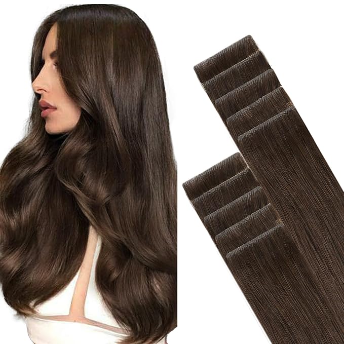 GOO GOO Invisi Edge Tape in Hair Extensions Human Hair, 4A Chocolate Brown, 10pcs 24inch 30g, Virgin Remy Hair, Seamless Injected Tape, Natural Look