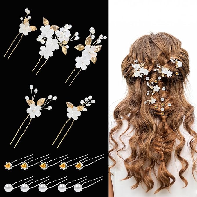 15Pcs Pearl Wedding Hair Pins Set, Floral Bridal Hair Clips with Gold Leaves, Vintage Hair Jewelry for Women Bridesmaids Flower Girls Wedding Hairstyles Accessories (Gold)