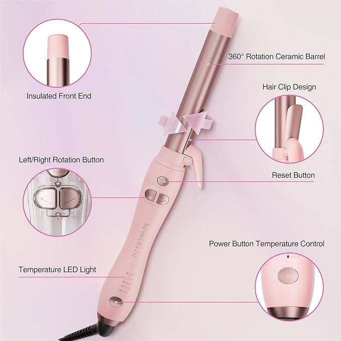 Extra-Long Barrel Rotating Curling Iron with Short Clamp, Automatic Curling Iron 1 Inch Creates Loose Curls – for Medium and Long Hair, High Heat 410°F, Instant Heat up, Double Ceramic, Dual Voltage
