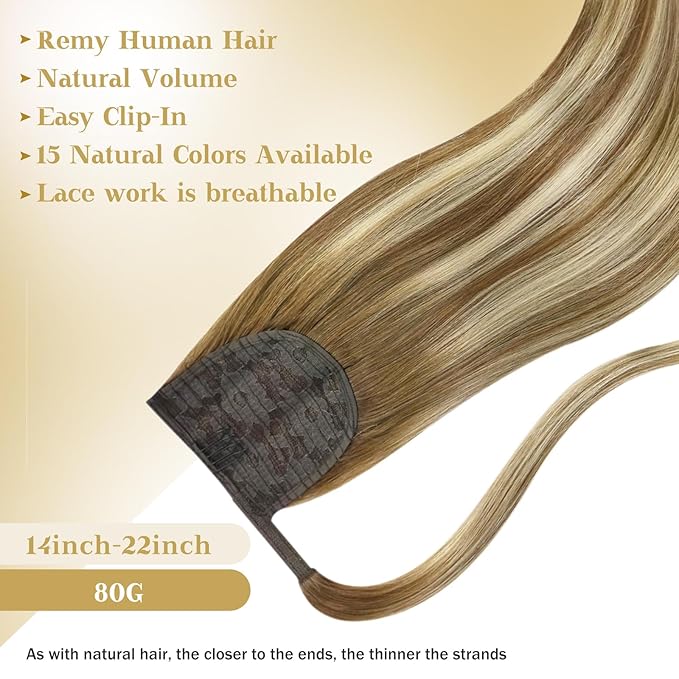 Ve Sunny Hair Extensions Ponytail Real Human Hair Wrap Around Clip in Ponytail Hair Extensions Straight Extensions Human Hair for Women Chestnut Brown Ombre Platinum Blonde Balayage 20inch 80G