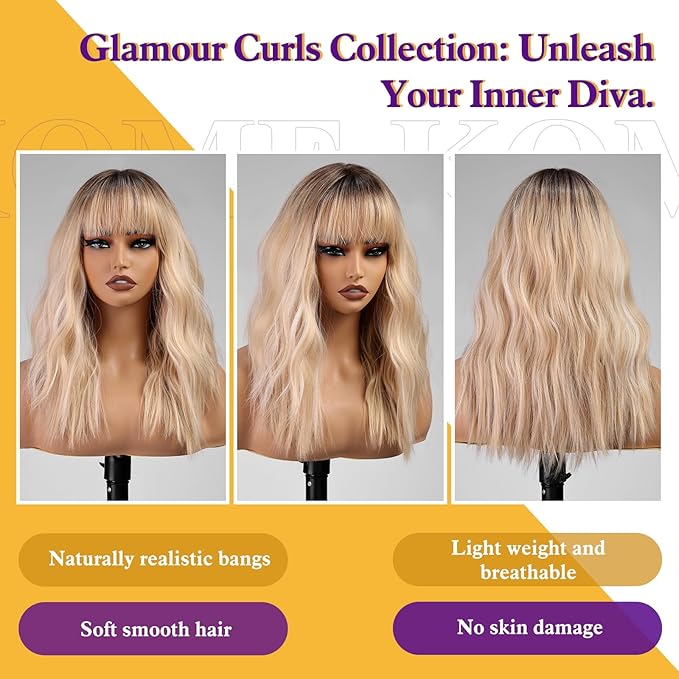 Ombre Blonde Wig with Bangs,Blonde Highlight Wavy Wigs for Women,Shoulder Length Curly Synthetic Hair Wig for Party Daily Use 18IN…