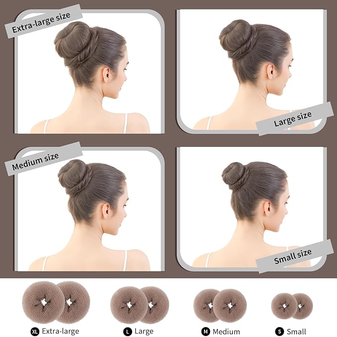 FANDAMEI Hair Bun Maker Set- 8 PCS Hair Donuts for Buns (2 Extra-large,2 Large,2 Medium and 2 Small), 40 PCS Bobby Pins, 5 PCS Hair Elastic Ties Black,Bun Maker - Tan Brown