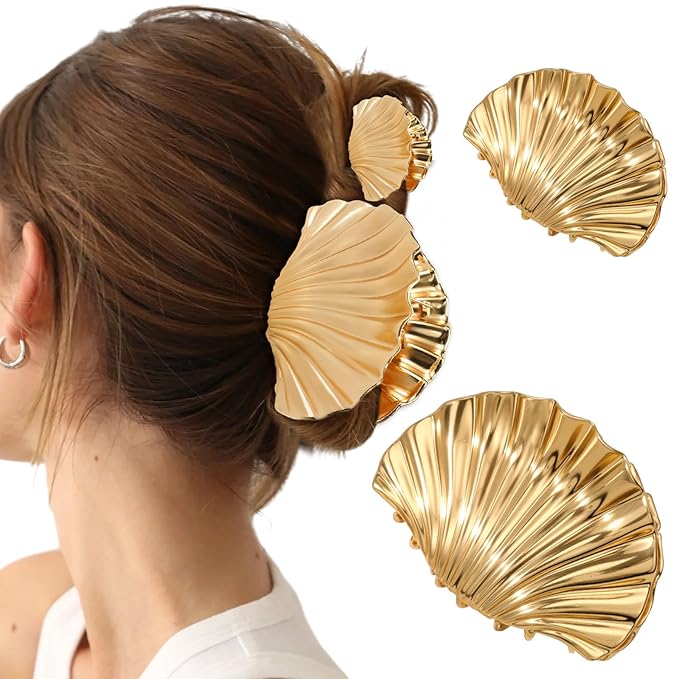 2 PCS Metal Hair Clips for Women, Durable & Elegant Seashell Gold Hair Clips for Styling, Metal Claw Clips for Thick Thin Hair, Strong Hold Decorative Hair Accessories Holiday Christmas Gifts