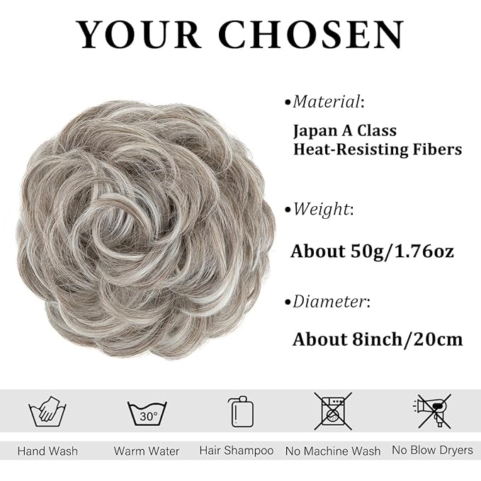 CJL HAIR Large Messy Bun Hair Piece Wavy Curly Scrunchies Synthetic Chignon Ponytail Hair Extensions Thick Updo Hairpieces for Women Polar Silver