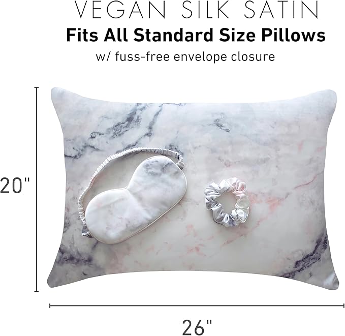 Satin Pillowcase Gift Set for Women – Grey Ivory, Silky Soft, Reduces Frizz | Includes Satin Eye Mask & Scrunchie | for Curly Hair, Sensitive Skin | Gift for Mom, Daughter, Girlfriend