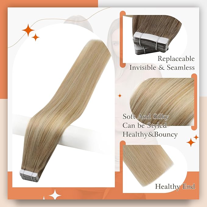 Full Shine Human Hair Tape in Extensions Double Sided Tape in Hair Extensions Color 6/27/60 Brown And Blonde Invisible Remy Skin Weft 22Inch Long Silky Straight for Women 100Gram 40Pcs