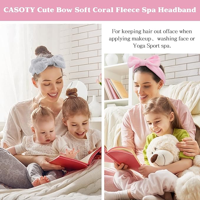 6 Pcs Fluffy Spa Headbands with Bow Style, Soft Coral Fleece for Face Washing, Makeup, Shower, and Yoga