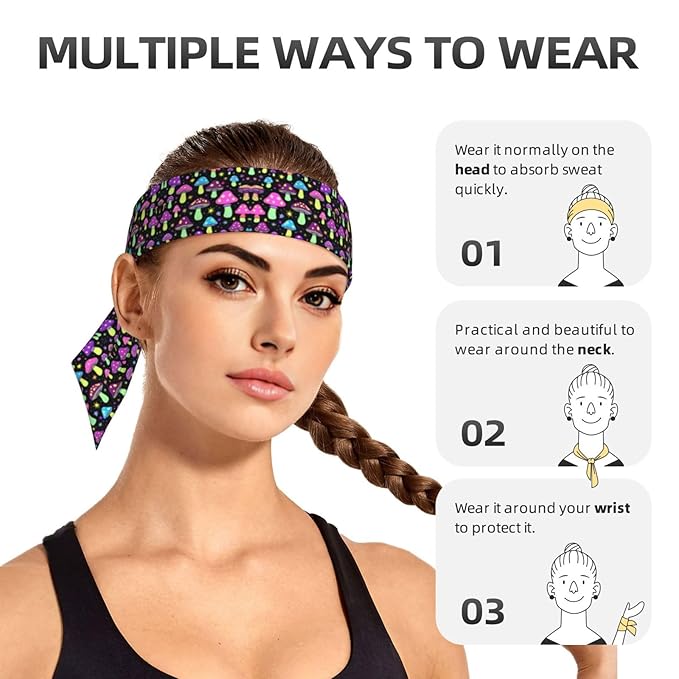 Men Women Sports Sweat Bands, Multifunction Long Head Ribbon for Yoga Workout Shower, Fashion Goth Gothic Magic Hippie Trippy Mushroom Headwear Hair Decor