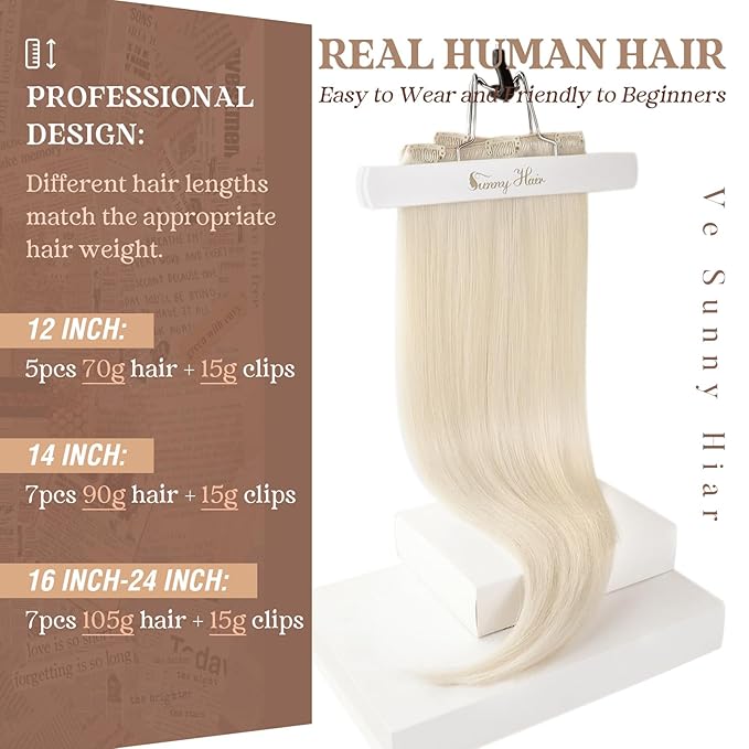 Ve Sunny Clip in Human Hair Extensions Platinum Blonde Clip in Hair Extensions Real Human Hair Clip on Extensions Human Hair Daily Use 120g 7pcs 16inch