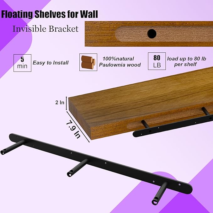 IAE Walnut Floating Wall Shelves 72 inch, Bathroom Shelves Wall Mounted,Invisible Shelves Floating Kitchen Shelves,Wooden Wall Shelves with Brackets for Living Room Wall Mounted,Easy Install,Set of 2