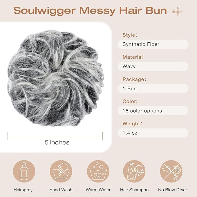 Messy Bun Hair Piece Wavy Curly Scrunchies Fluffy Donut Thick Updo Elegant Chignon Hairpieces for Women Girls, Sliver Gray to Platinum Blonde 1.4oz