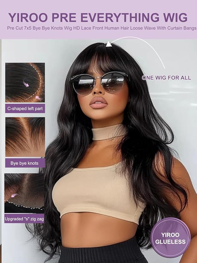 YIROO Pre Everything 13X4 HD Lace Front Real Scalp Glueless Wig Human Hair Wigs Loose Body Wave with Face Framing Curtain Bangs Pre Plucked Pre Cut Lace Pre Bleached Knots Wig Bye Bye Knots 20Inch