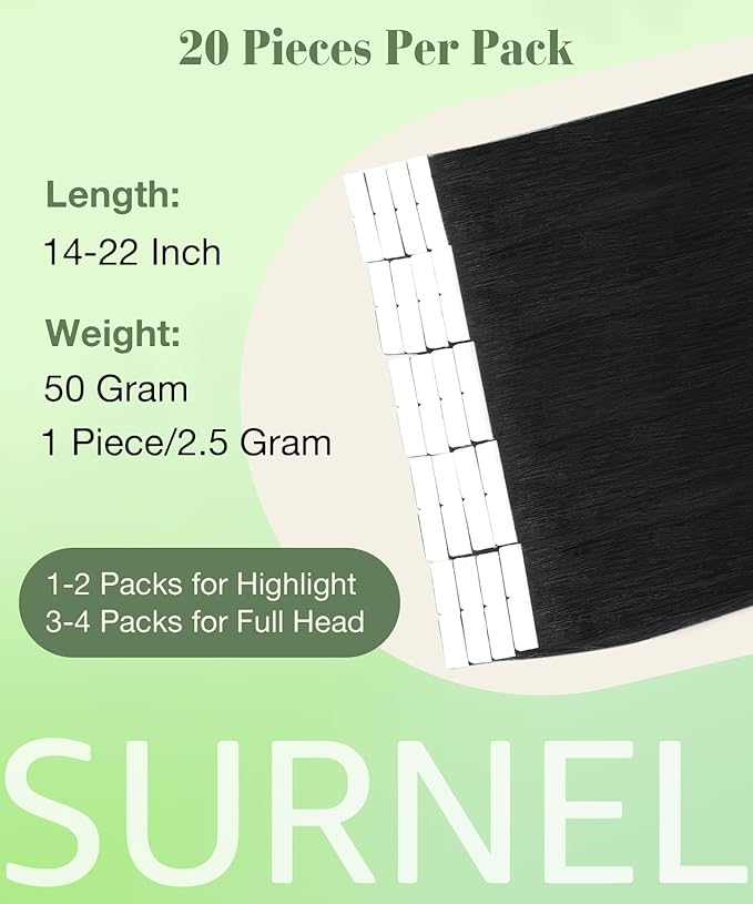 SURNEL Tape in Hair Extension Human Hair Double Drawn Tape Hair Extensions Color 1 Jet Black Remy Tape in Human Hair Extensions 20 inch 20pcs 50g(#1-20)