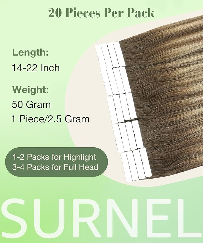 SURNEL 18 inch Tape in Hair Extensions Balayage Chocolate Brown to Caramel Blonde Human Hair Extensions Tape in 20pcs 50g(#4/27/4-18)